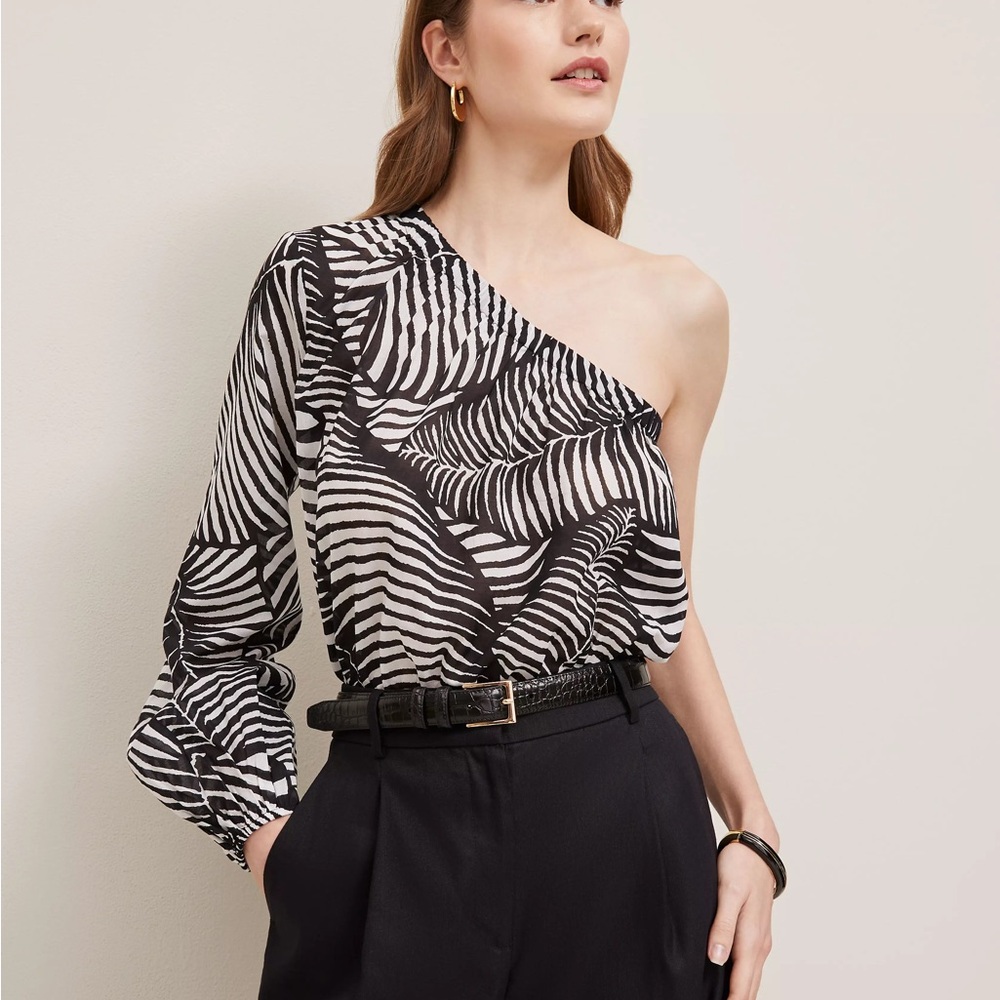 Ann Taylor One-Shoulder Black and White Palm Print Top - NWT
